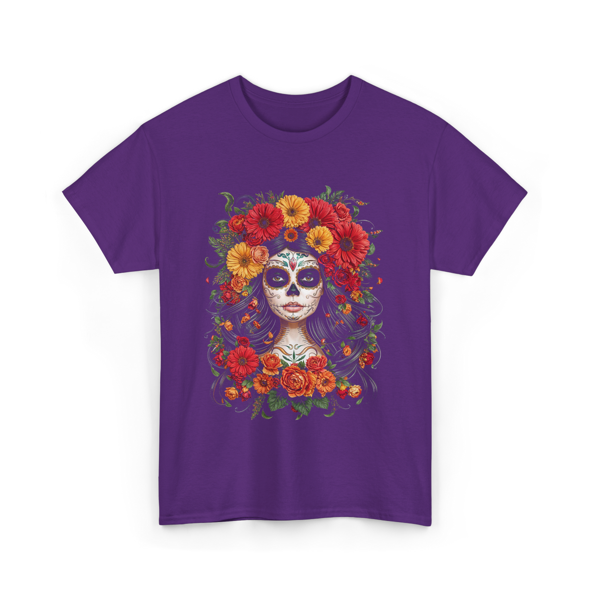 Sugar Skull Floral Art T-Shirt - Purple