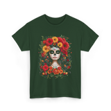 Sugar Skull Floral Art T-Shirt - Forest Green