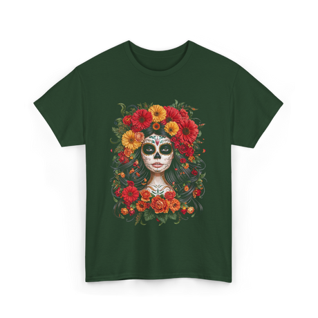 Sugar Skull Floral Art T-Shirt - Forest Green