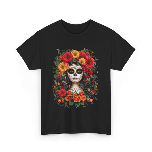 Sugar Skull Floral Day of Dead T-Shirt - Black