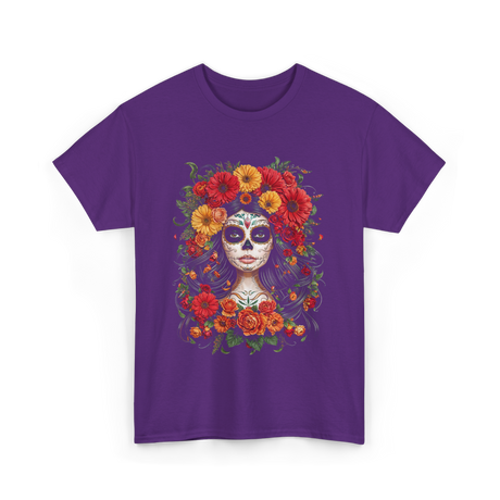 Sugar Skull Floral Day of Dead T-Shirt - Purple