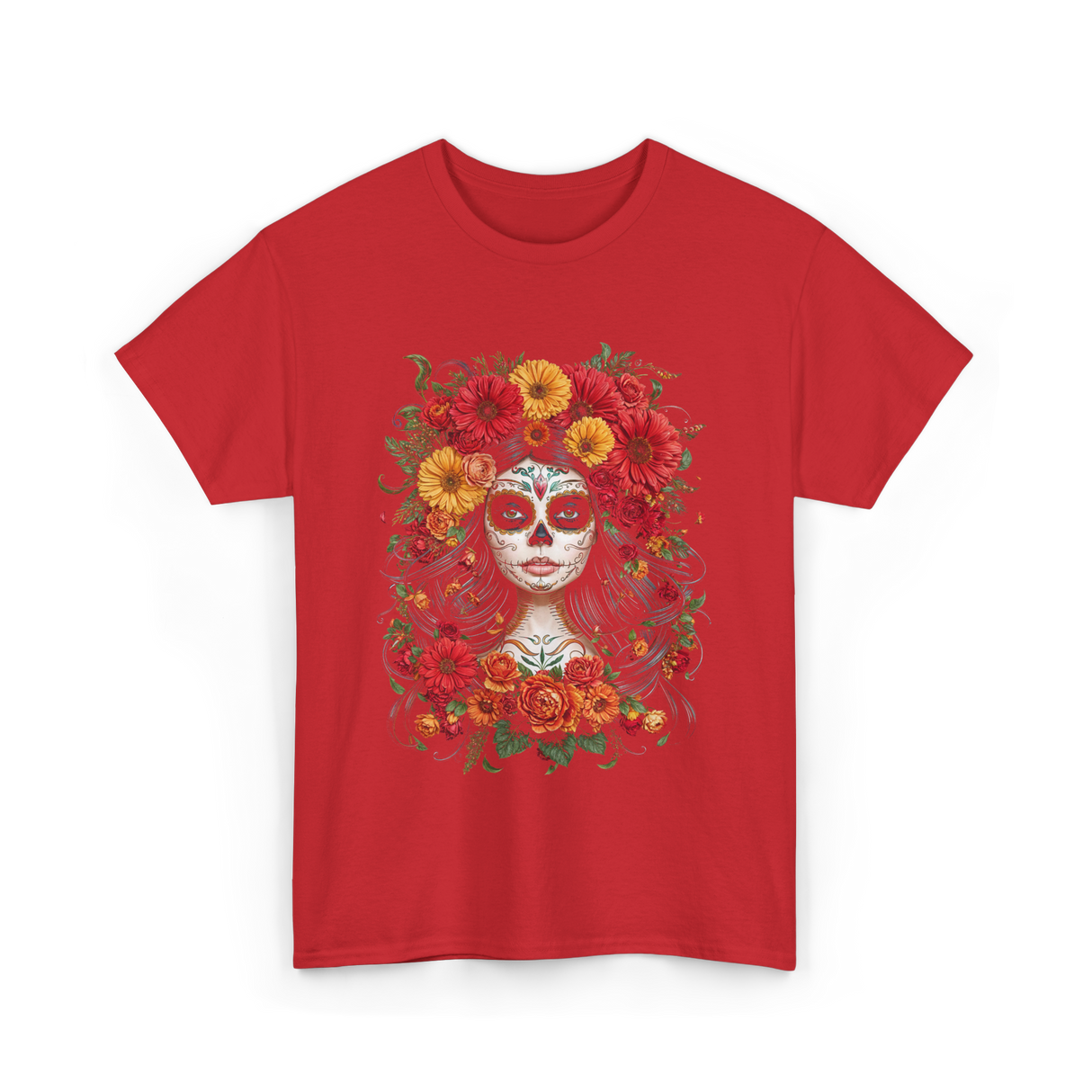 Sugar Skull Floral Day of Dead T-Shirt - Red