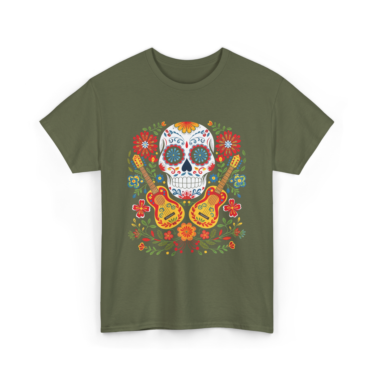 Sugar Skull Guitar T-Shirt - Military Green