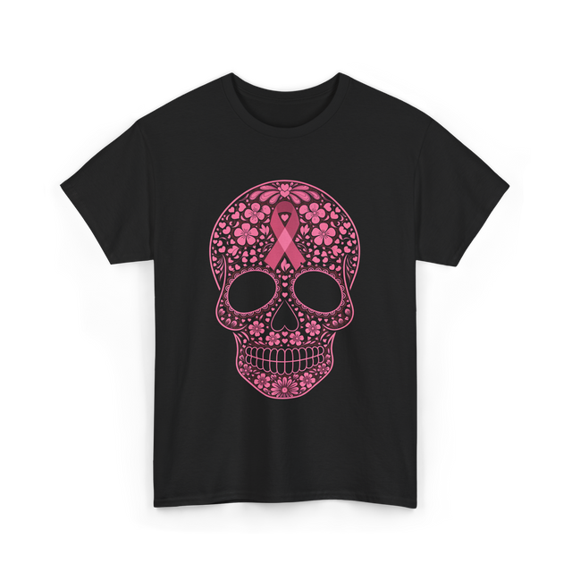 Sugar Skull Pink Ribbon Awareness T-Shirt - Black