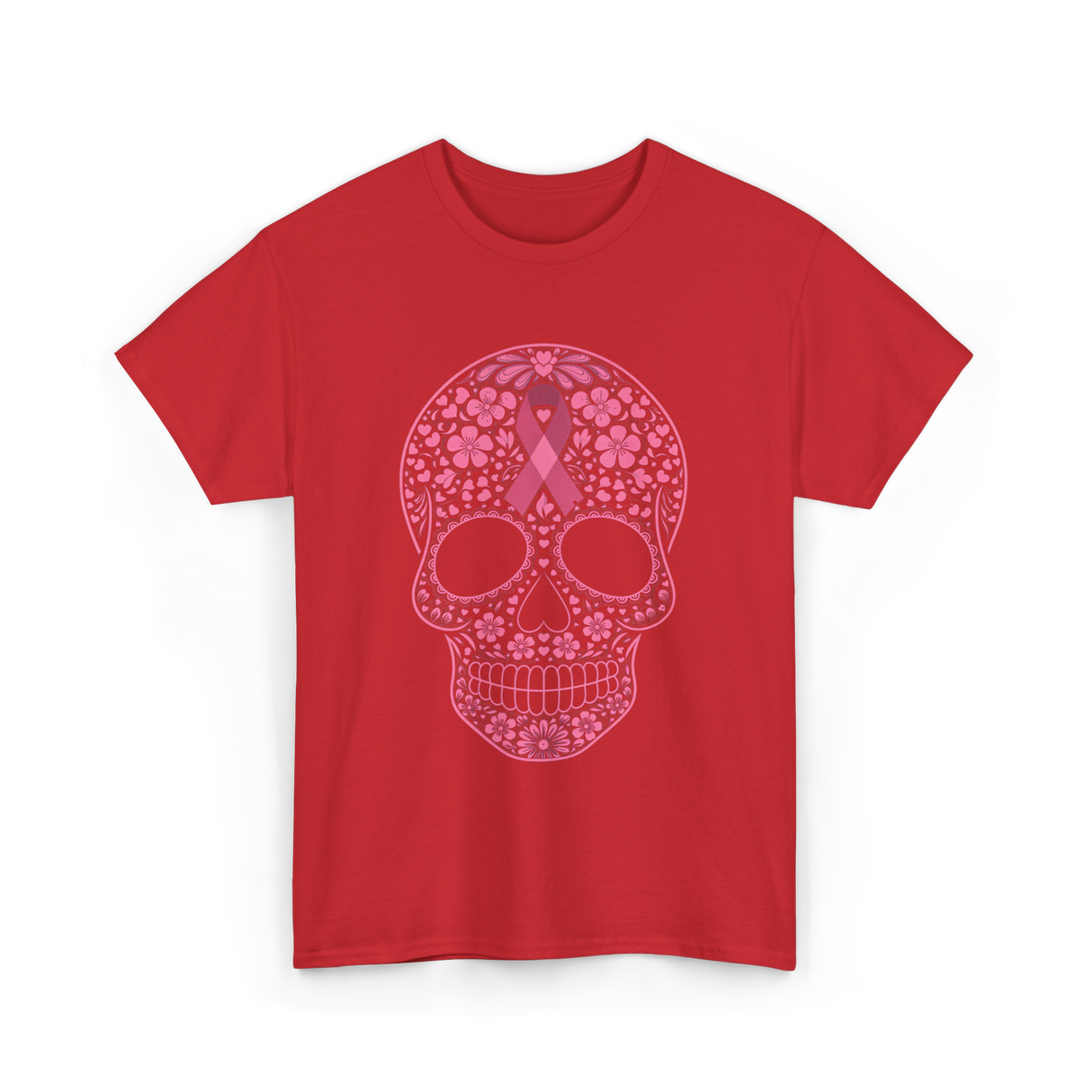 Sugar Skull Pink Ribbon Awareness T-Shirt - Red