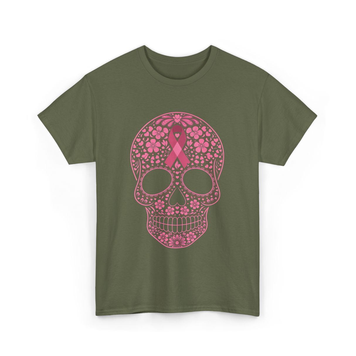 Sugar Skull Pink Ribbon Awareness T-Shirt - Military Green