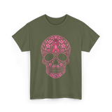 Sugar Skull Pink Ribbon Awareness T-Shirt - Military Green