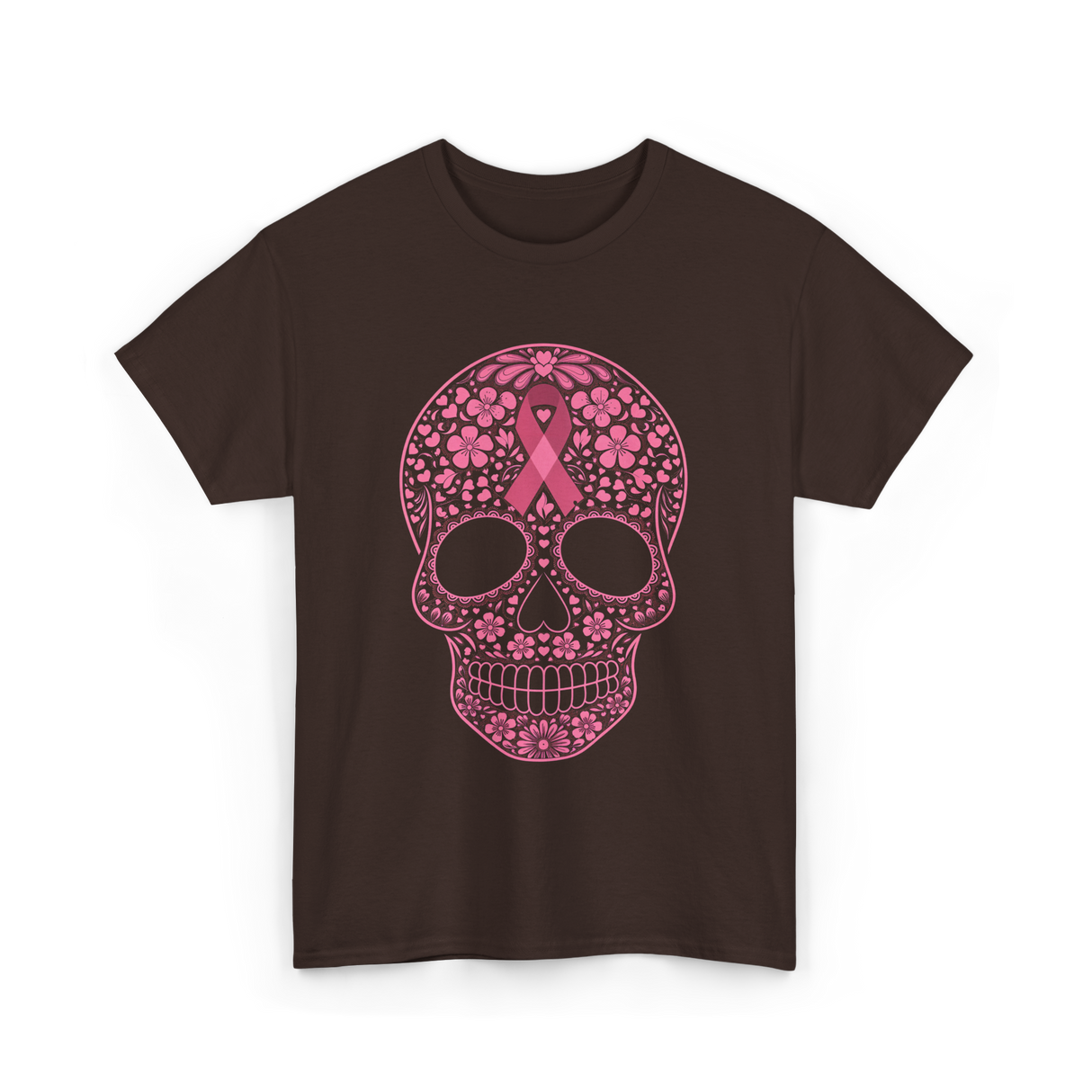 Sugar Skull Pink Ribbon Awareness T-Shirt - Dark Chocolate