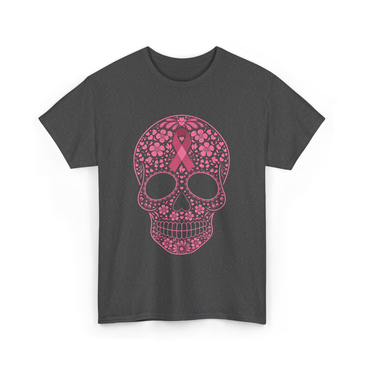 Sugar Skull Pink Ribbon Awareness T-Shirt - Dark Heather