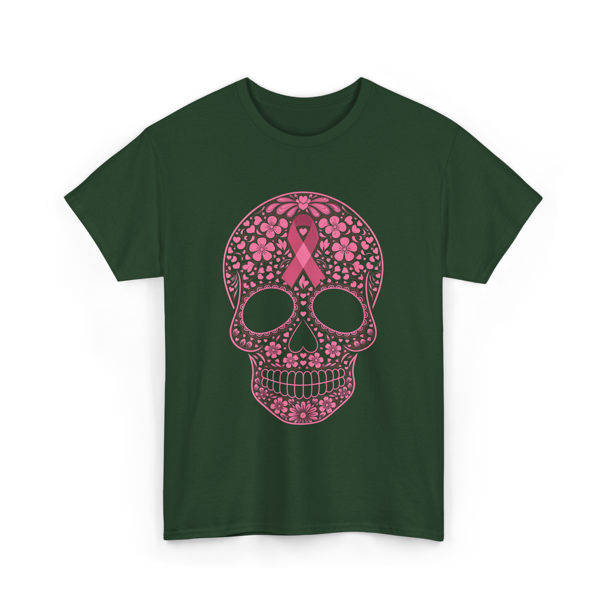 Sugar Skull Pink Ribbon Awareness T-Shirt - Forest Green