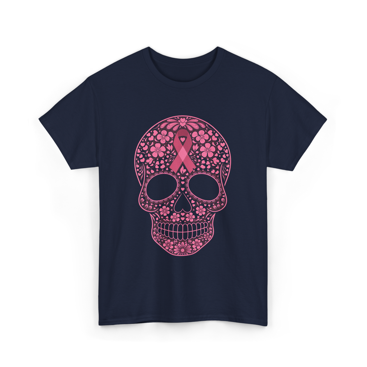 Sugar Skull Pink Ribbon Awareness T-Shirt - Navy