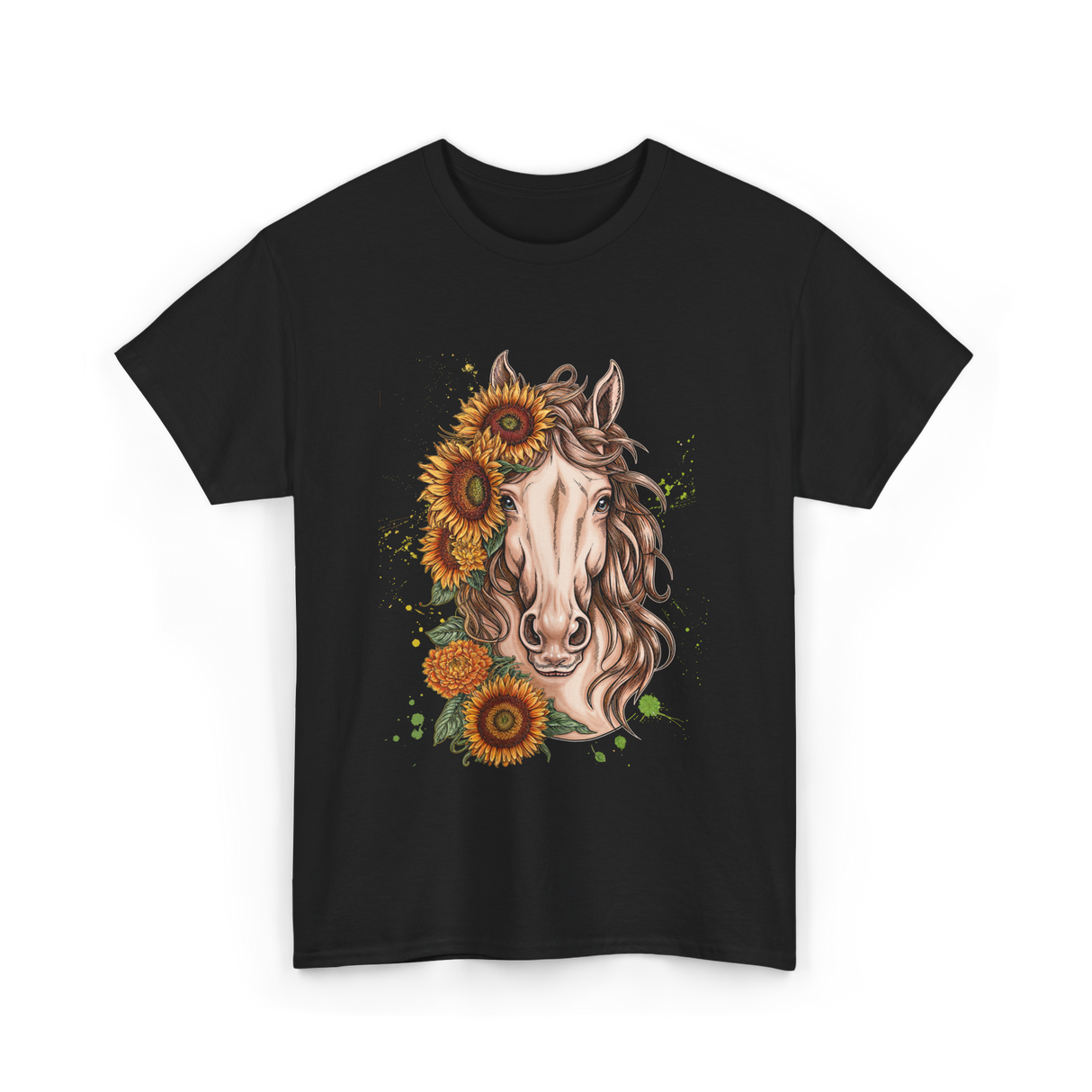 Sunflower Horse Portrait Equestrian T-Shirt - Black