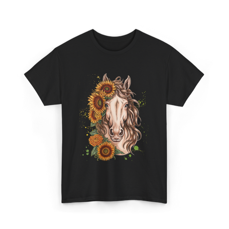 Sunflower Horse Portrait Equestrian T-Shirt - Black