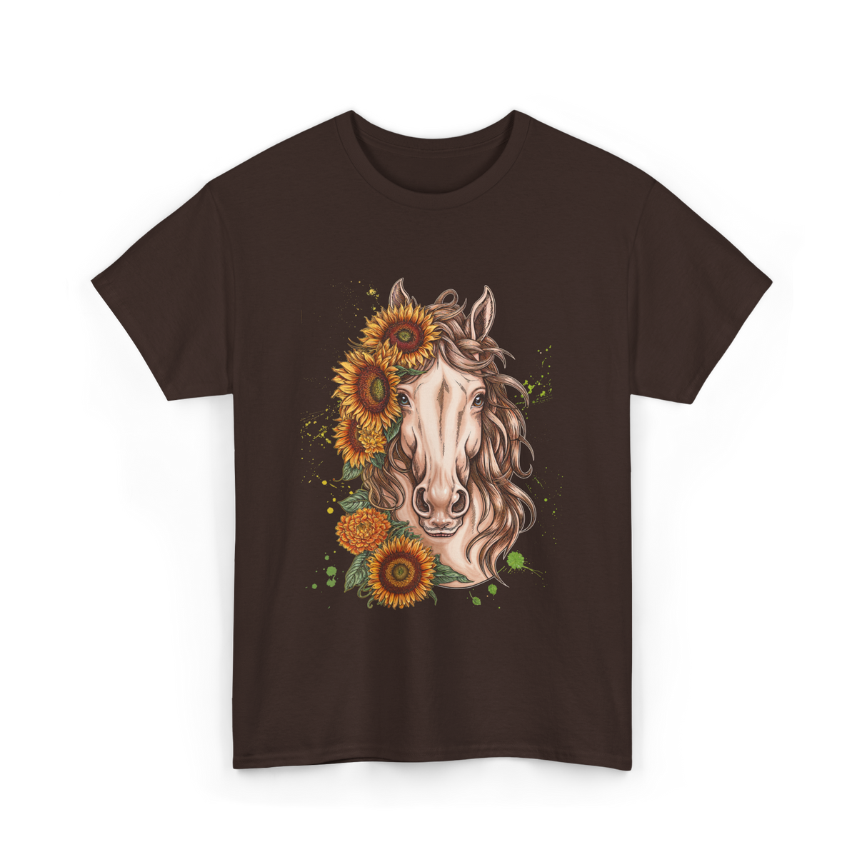 Sunflower Horse Portrait Equestrian T-Shirt - Dark Chocolate