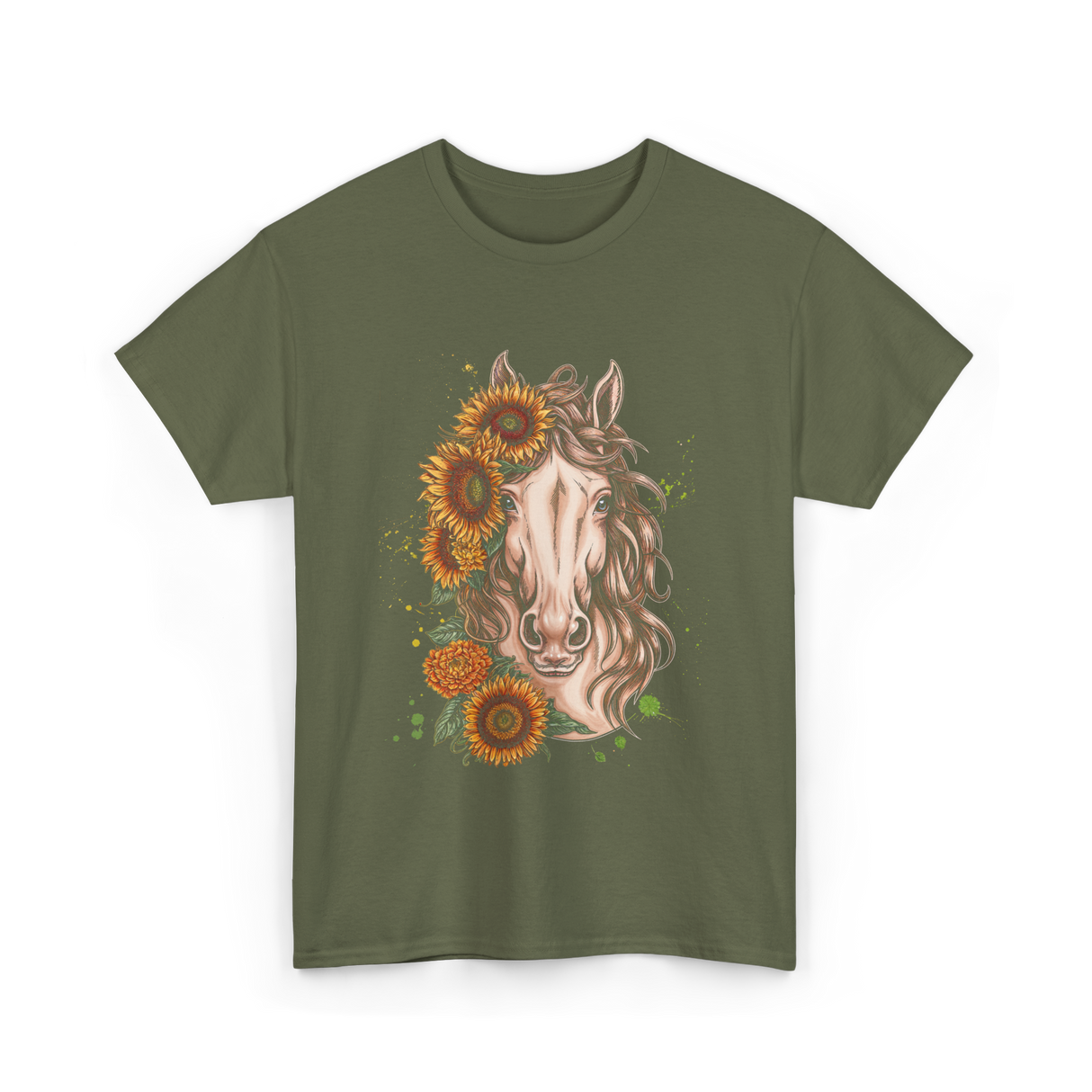 Sunflower Horse Portrait Equestrian T-Shirt - Military Green