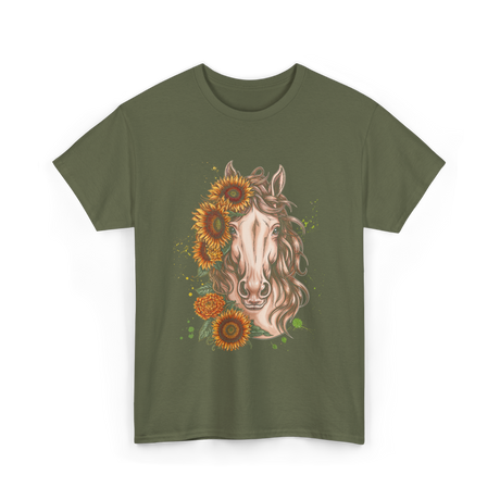 Sunflower Horse Portrait Equestrian T-Shirt - Military Green