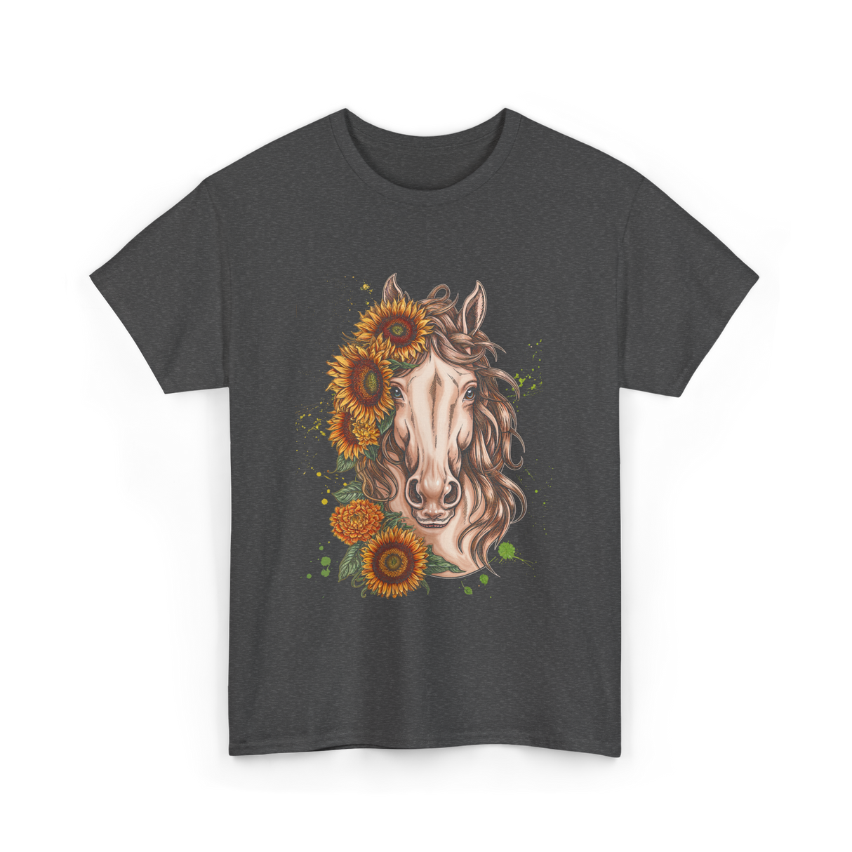 Sunflower Horse Portrait Equestrian T-Shirt - Dark Heather