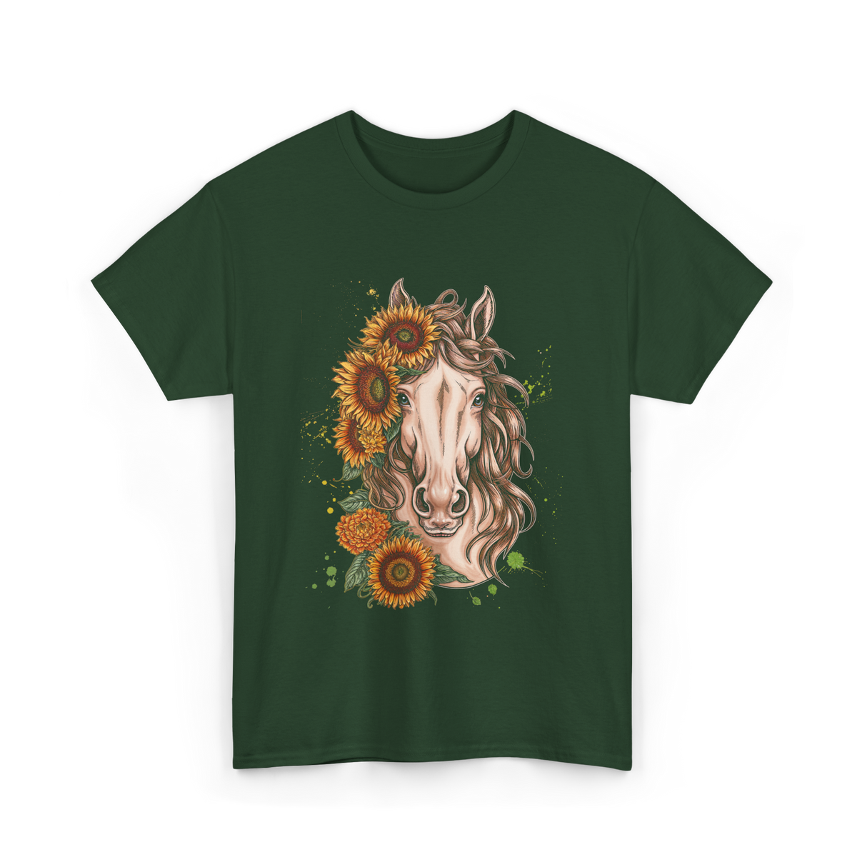 Sunflower Horse Portrait Equestrian T-Shirt - Forest Green