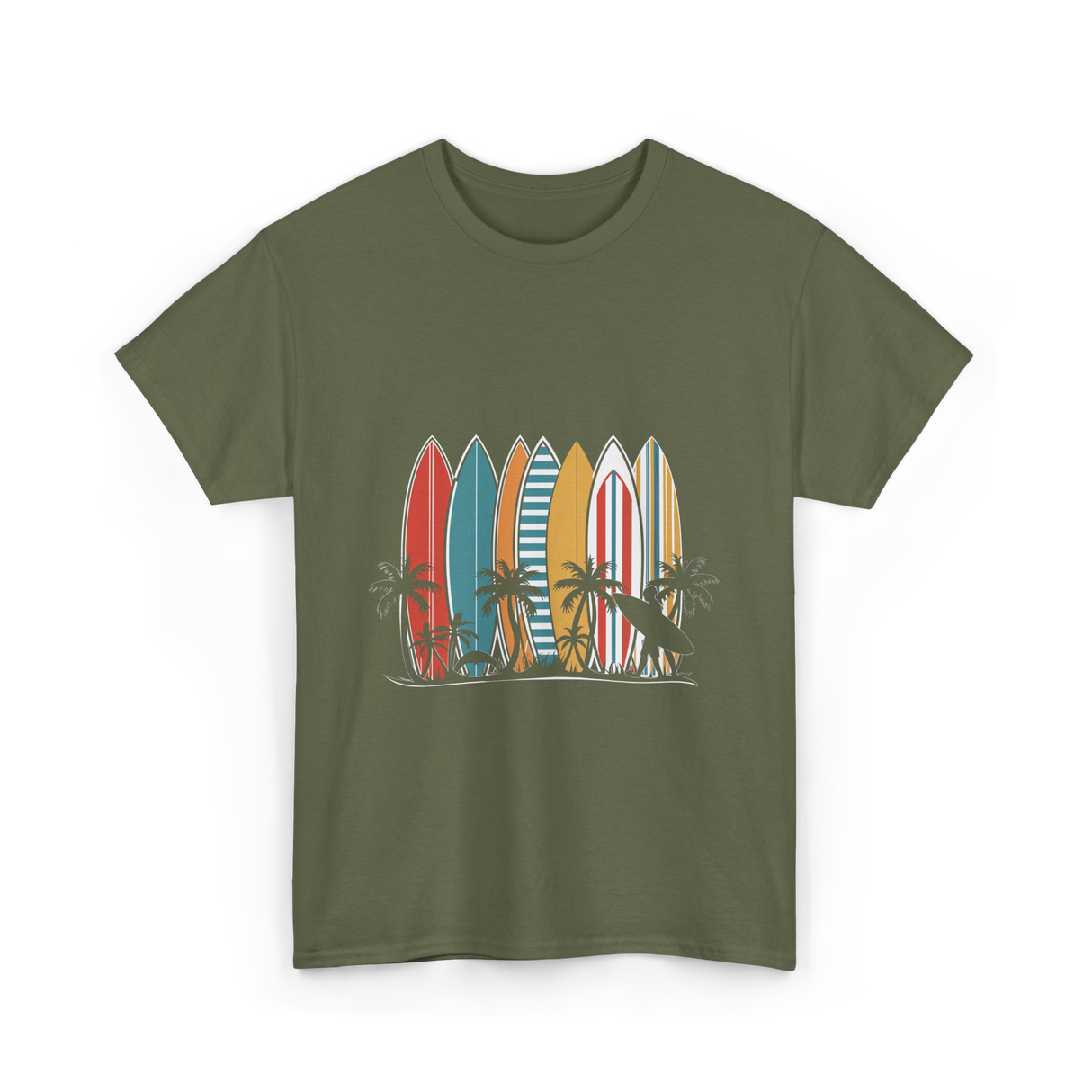 Surfboards and Palms Surfing Style T-Shirt - Military Green