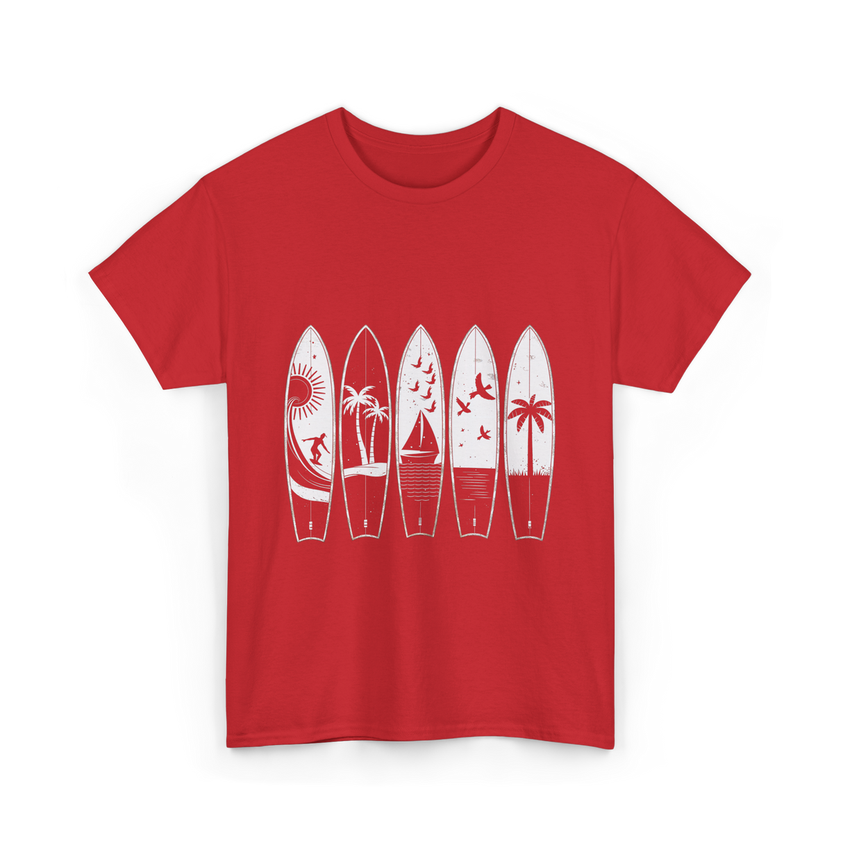 Surfing Wave Palm Trees Surfboard T-Shirt - Red