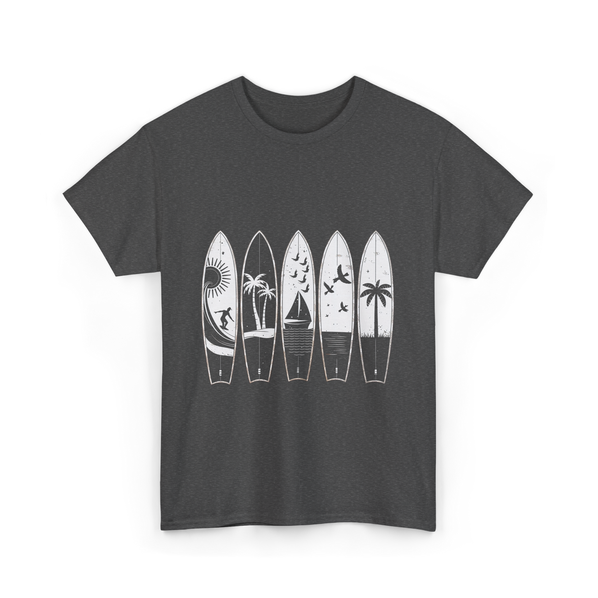 Surfing Wave Palm Trees Surfboard T-Shirt - Dark Heather