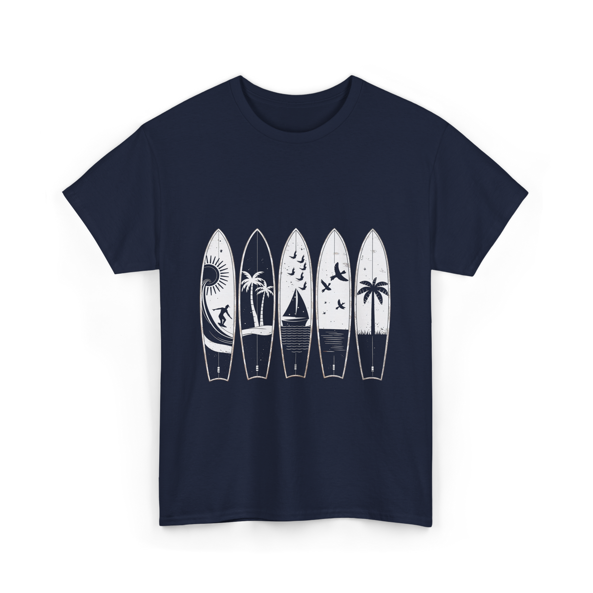 Surfing Wave Palm Trees Surfboard T-Shirt - Navy