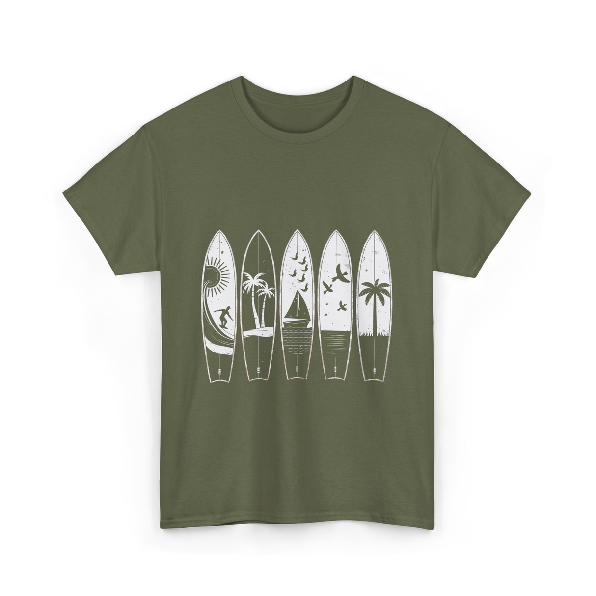 Surfing Wave Palm Trees Surfboard T-Shirt - Military Green