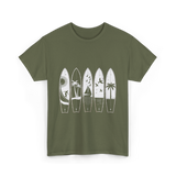 Surfing Wave Palm Trees Surfboard T-Shirt - Military Green