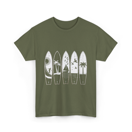 Surfing Wave Palm Trees Surfboard T-Shirt - Military Green