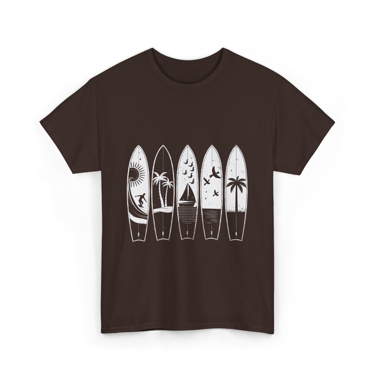 Surfing Wave Palm Trees Surfboard T-Shirt - Dark Chocolate