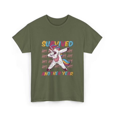 Survived Another Year Unicorn T-Shirt - Military Green