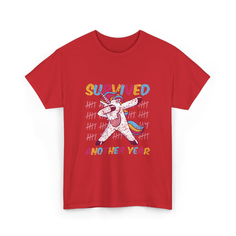 Survived Another Year Unicorn T-Shirt - Red