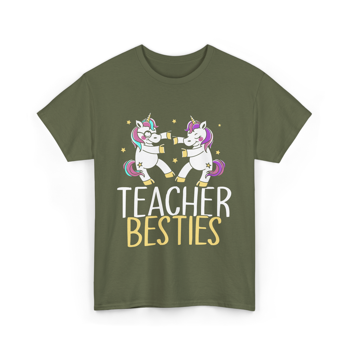 Teacher Besties Unicorn Friendship T-Shirt - Military Green