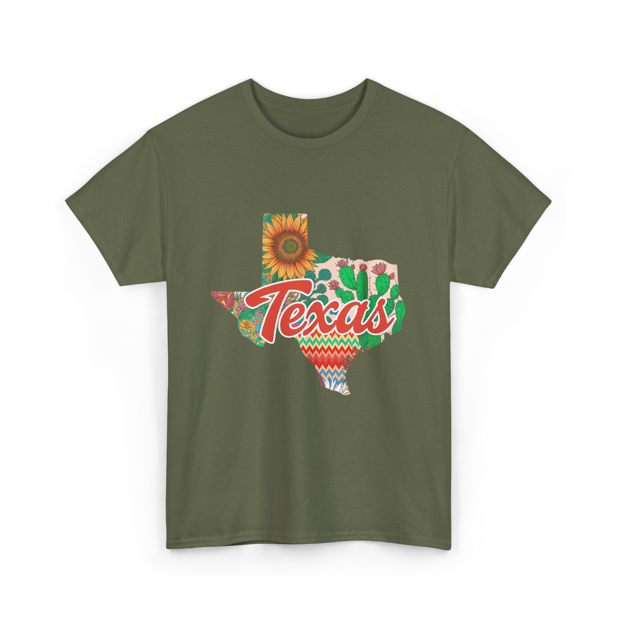 Texas Cactus Sunflower Floral T-Shirt - Military Green