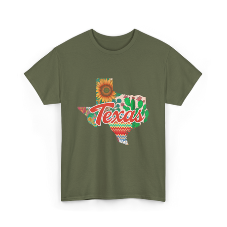 Texas Cactus Sunflower Floral T-Shirt - Military Green