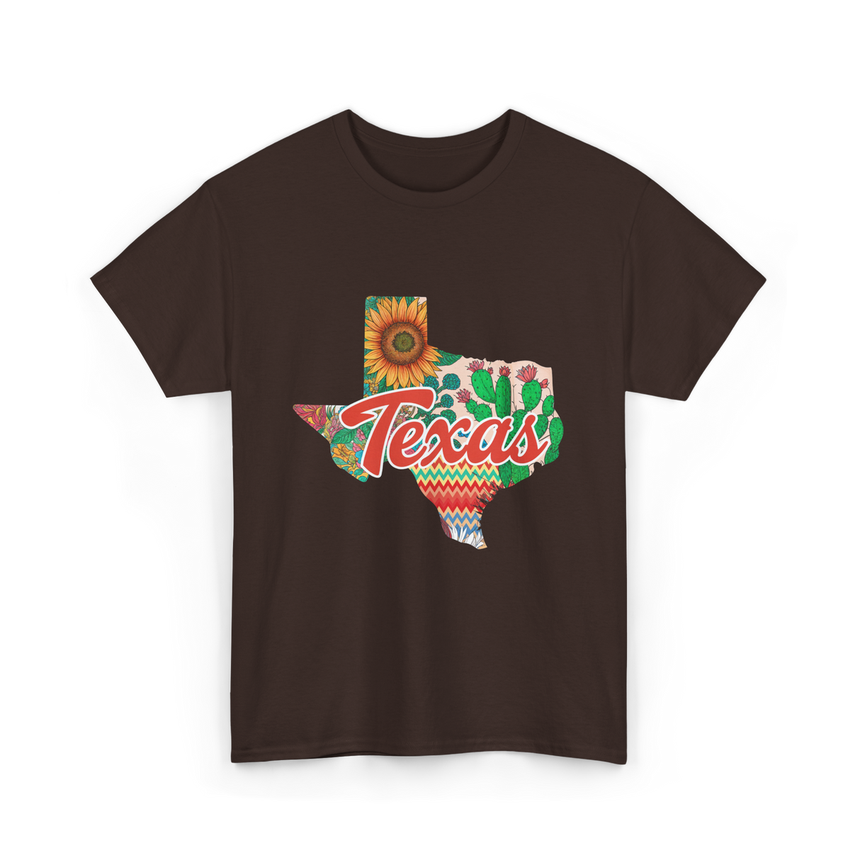 Texas Cactus Sunflower Floral T-Shirt - Dark Chocolate