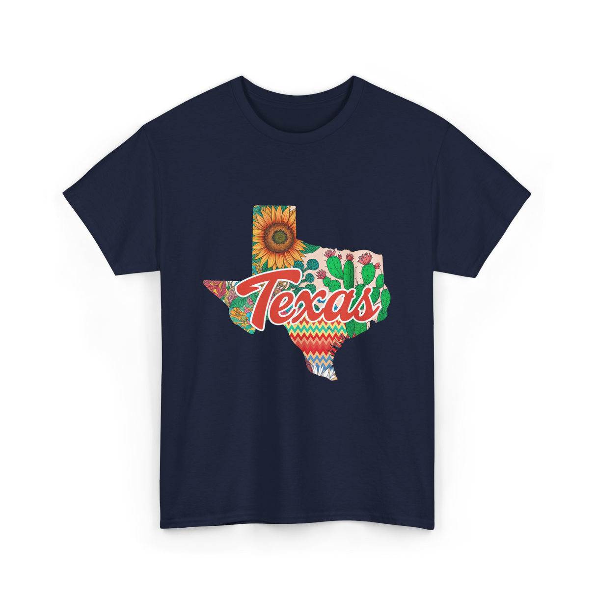 Texas Cactus Sunflower Floral T-Shirt - Navy