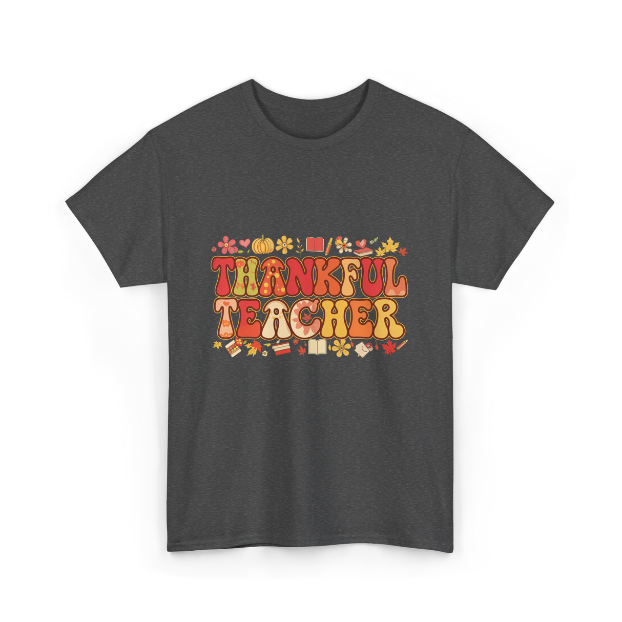 Thankful Teacher Retro Thanksgiving T-Shirt - Dark Heather