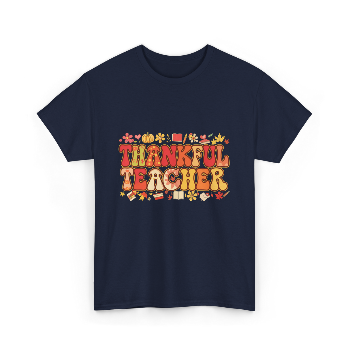 Thankful Teacher Retro Thanksgiving T-Shirt - Navy