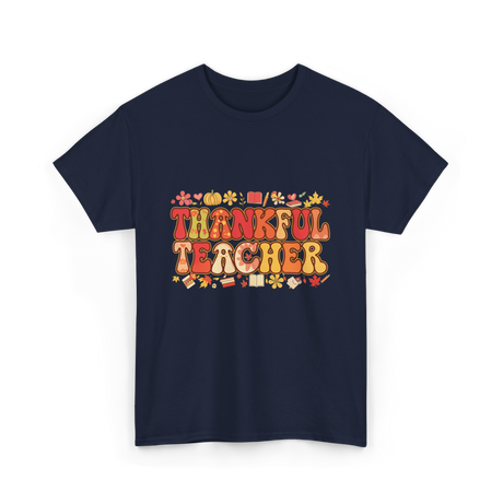 Thankful Teacher Retro Thanksgiving T-Shirt - Navy