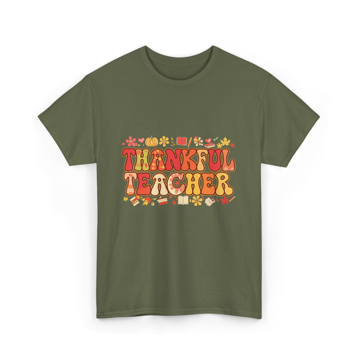 Thankful Teacher Retro Thanksgiving T-Shirt - Military Green