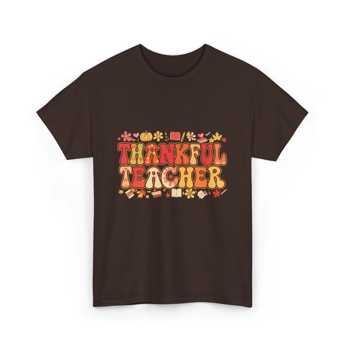 Thankful Teacher Retro Thanksgiving T-Shirt - Dark Chocolate