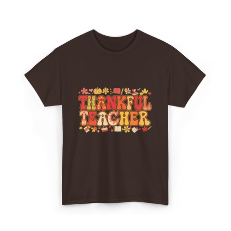 Thankful Teacher Retro Thanksgiving T-Shirt - Dark Chocolate