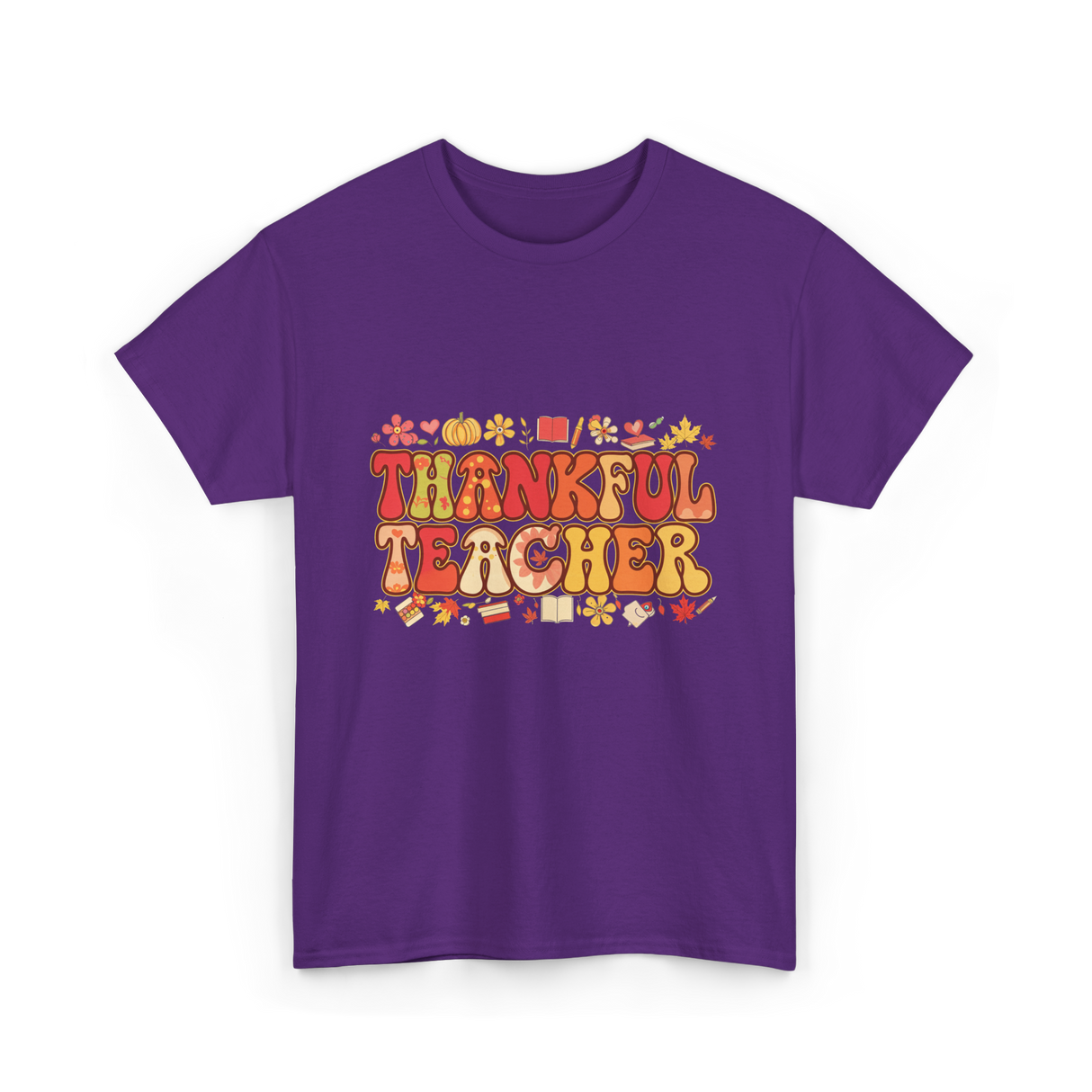 Thankful Teacher Retro Thanksgiving T-Shirt - Purple