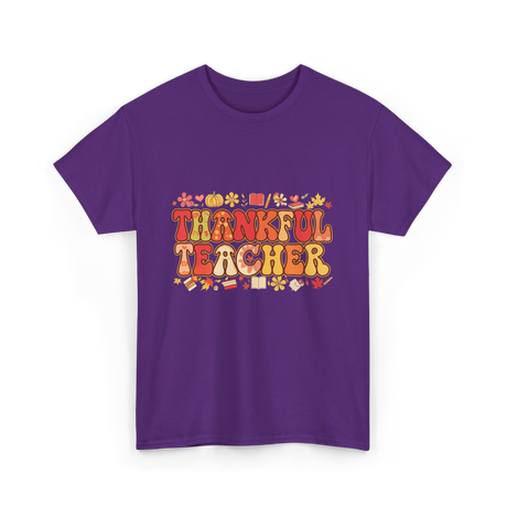 Thankful Teacher Retro Thanksgiving T-Shirt - Purple