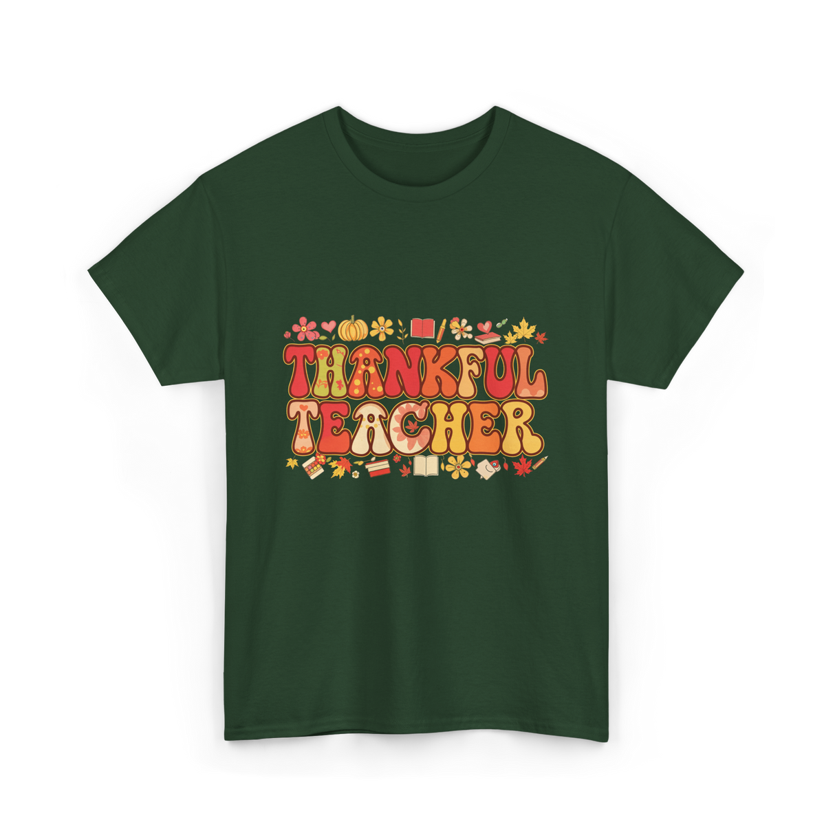 Thankful Teacher Retro Thanksgiving T-Shirt - Forest Green