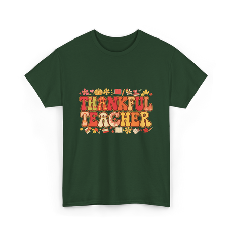 Thankful Teacher Retro Thanksgiving T-Shirt - Forest Green