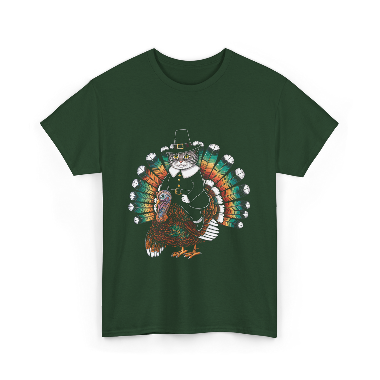 Thanksgiving Cat Turkey Costume Thanksgiving T-Shirt - Forest Green