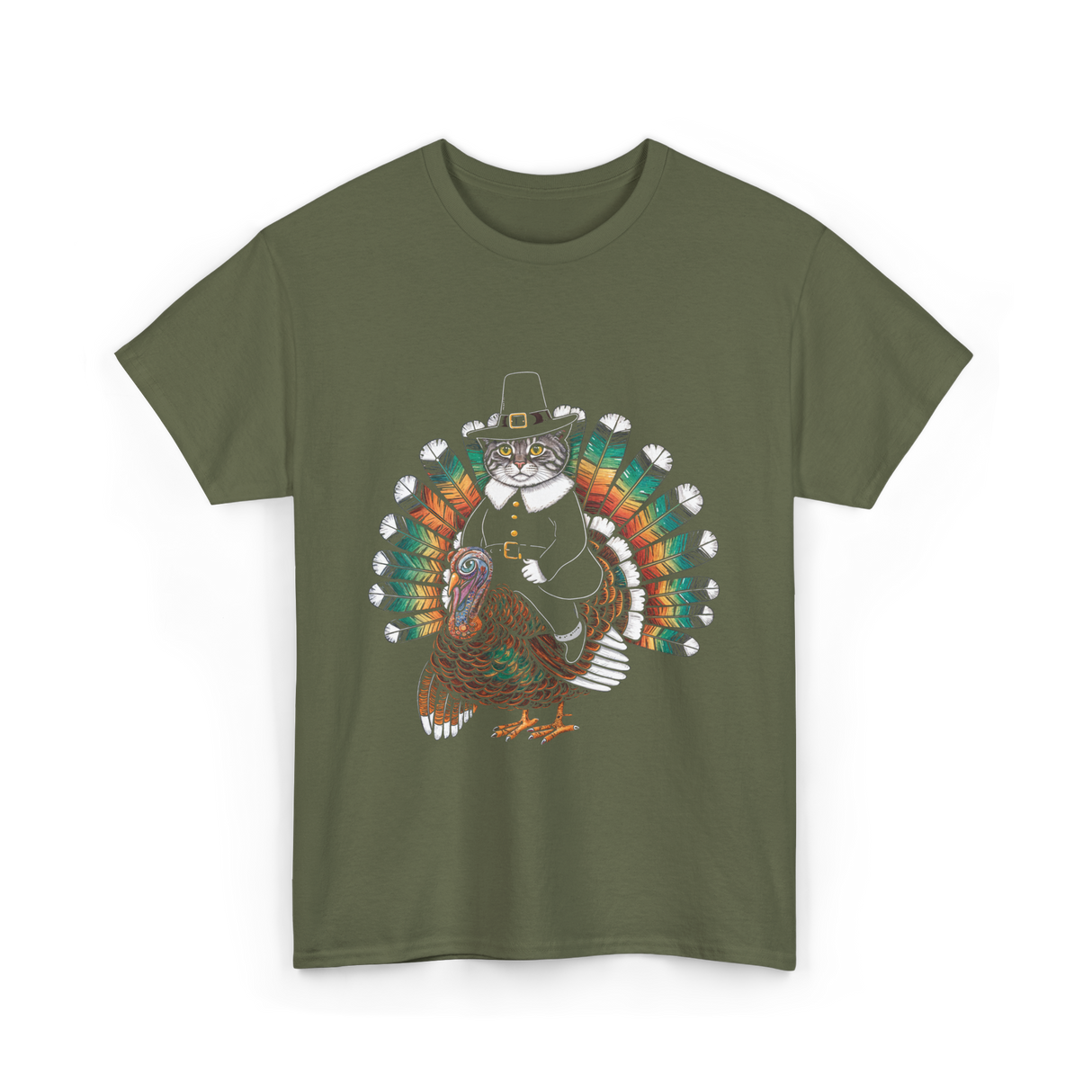 Thanksgiving Cat Turkey Costume Thanksgiving T-Shirt - Military Green