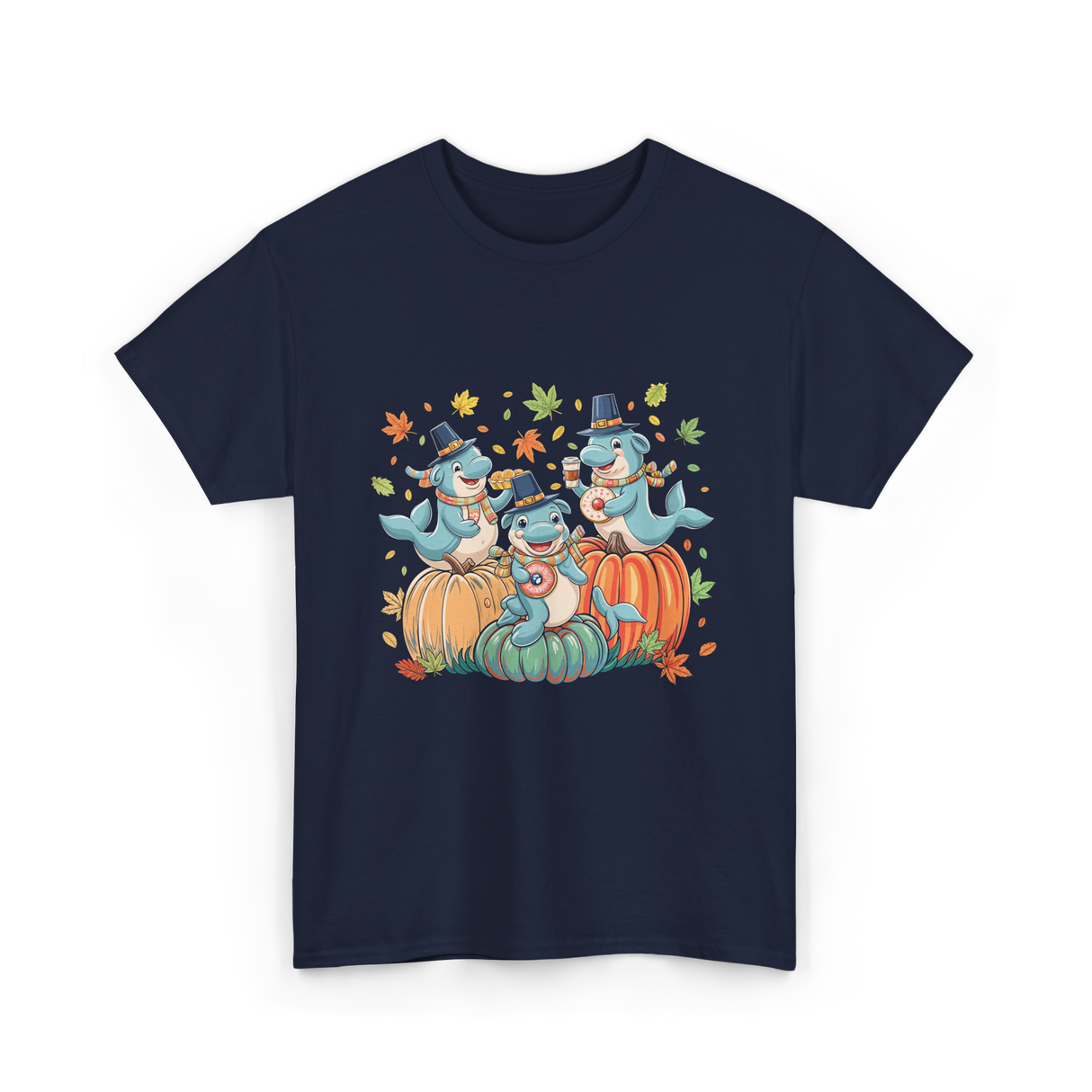 Thanksgiving Manatee Pumpkins Fall T-Shirt - Navy